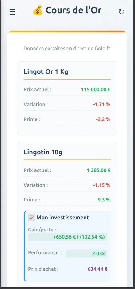 Applicatoin Android cour de l'Or FR en mode light