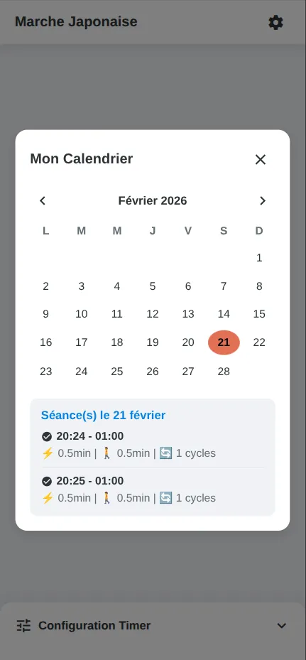 Calendrier et historique des séances de marche fractionnée, mode clair
