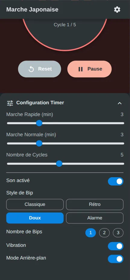 Paramètres de l'application Marche Japonaise