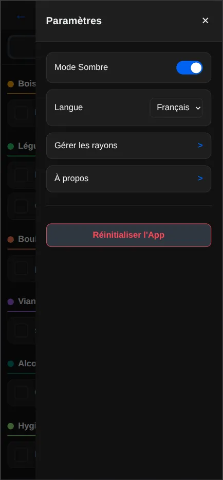 Mes courses pro paramètres, mode nuit, multilangue